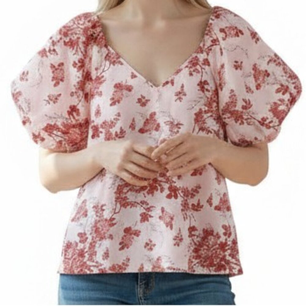 BANANA REPUBLIC Pink Rose Poplin Floral Short Sleeve Blouse - Size XS/TP - NWT